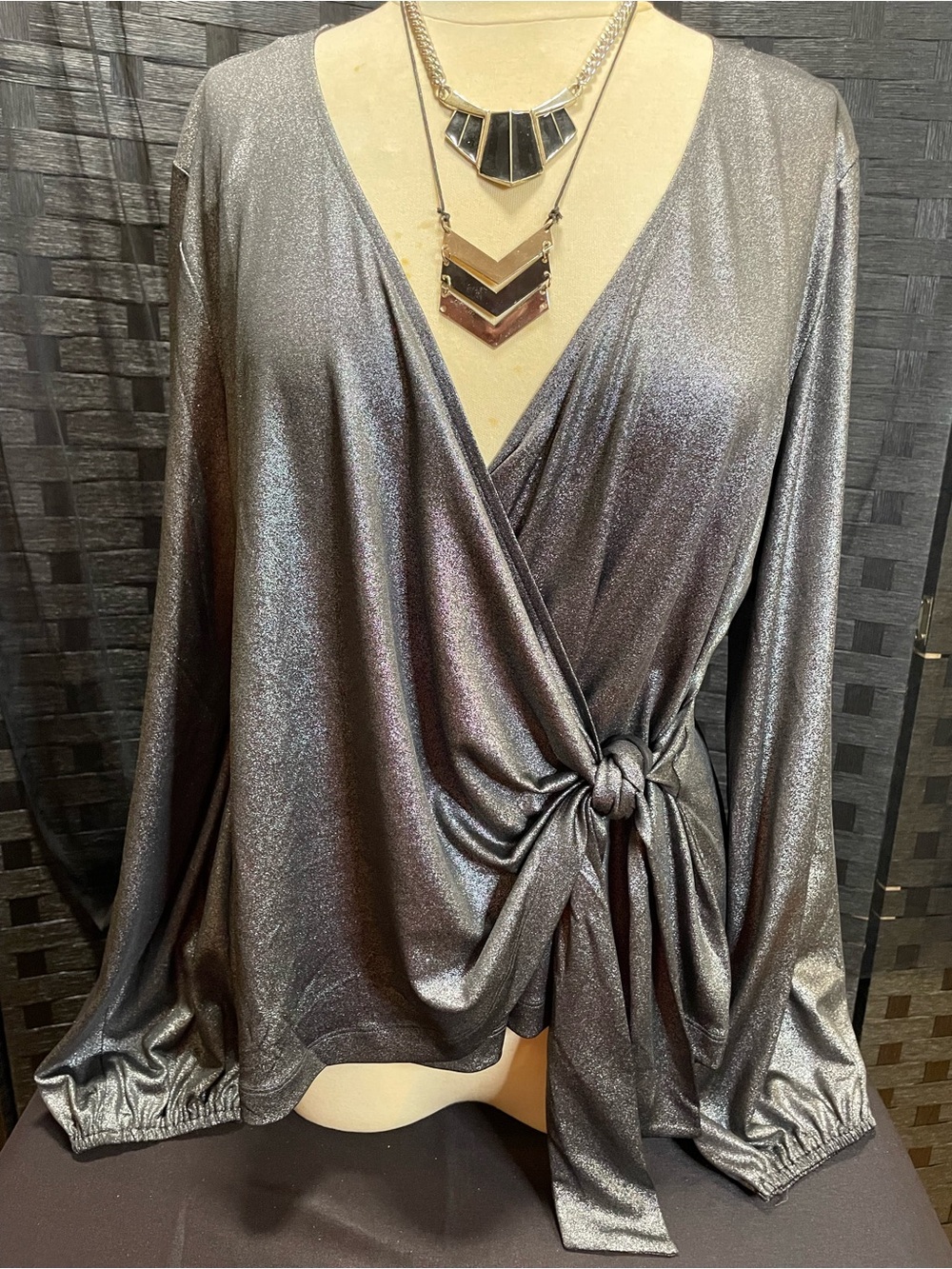 Shimmery Metallic Wrap Blouse with Side Tie - Silver